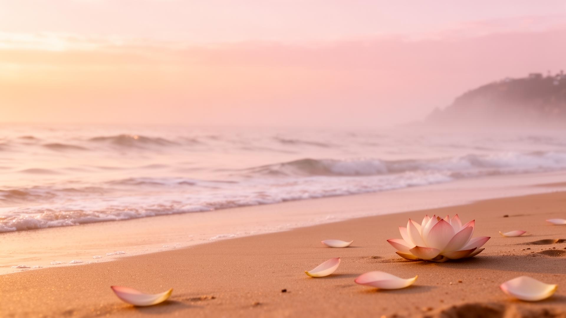 Coucher de soleil doux sur la côte basque avec un lotus posé sur le sable chaud